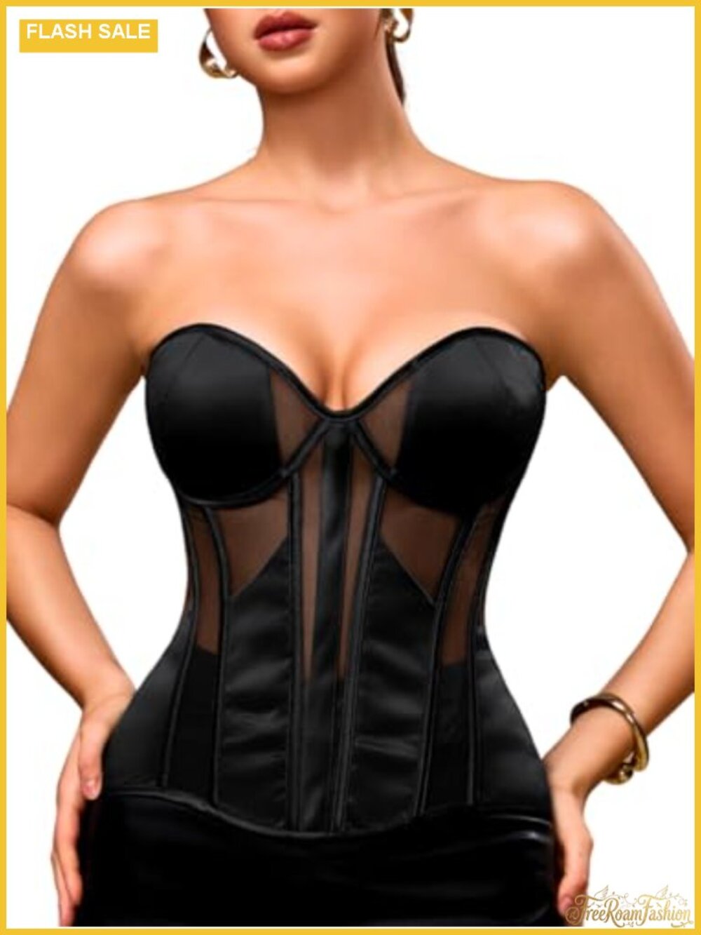 Satin Mesh Strapless Corset Top Longline Lace Up Back Padded Bustier